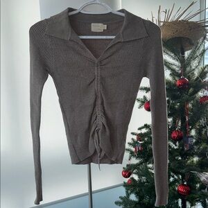 Elegant Ruched Ribbed Blouse - Taupe